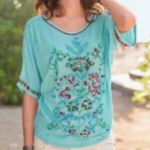 Sundance Beaded Turquoise Boxy T-Shirt Medium Cotton Short Sleeves